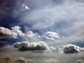Fluffy clouds drift along a graying blue sky
