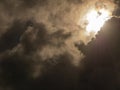 Fluffy clouds over sunset sky. Fluffy cumulus cloud shape photo, gloomy cloudscape background, smoke in the sky Royalty Free Stock Photo