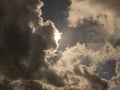 Fluffy clouds over sunset sky. Fluffy cumulus cloud shape photo, gloomy cloudscape background, smoke in the sky Royalty Free Stock Photo