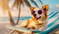 Fluffy Corgi dog wearing sunglasses laying happy on the sunbed at tropical beach. Summer holiday for pets resting at the sea