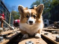 Fluffy Corgi with hardhat examines blueprints outside