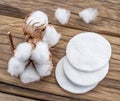 Fluffy cotton ball and cotton swabs and pads. Royalty Free Stock Photo