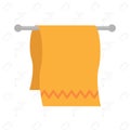 Fluffy cotton kitchen towel of orange color weighs on the holder for towels. Vector illustration.