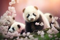 Fluffy Cute baby panda flowers. Generate Ai