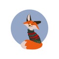 A fluffy, cute, beautiful Fox dressed in a funny green Christmas sweater, a Fox with a tweeter with ornaments.Ideal for