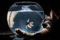 Fluffy cute Cat watching Beautiful Blue Betta fish in close up Royalty Free Stock Photo