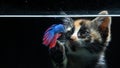 Fluffy cute cat watching Beautiful blue betta fish in close up with black background Royalty Free Stock Photo