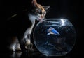 Fluffy cute Cat watching Beautiful blue betta fish in close up Royalty Free Stock Photo