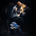 Fluffy cute Cat watching Beautiful blue betta fish in close up with black background Royalty Free Stock Photo