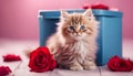 Fluffy cute kitten in a gift box. Greeting card for Valentine\'s Day, Birthday Royalty Free Stock Photo