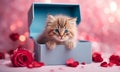 Fluffy cute kitten in a gift box. Greeting card for Valentine\'s Day, Birthday Royalty Free Stock Photo