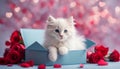 Fluffy cute kitten in a gift box. Greeting card for Valentine\'s Day, Birthday Royalty Free Stock Photo