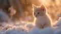 A fluffy cute kitten in the snow under golden sunlight.