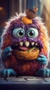 Fluffy Cute Monster Eating Burger. Generative ai