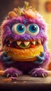 Fluffy Cute Monster Eating Burger. Generative ai