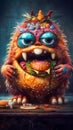 Fluffy Cute Monster Eating Burger. Generative ai