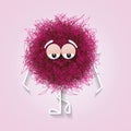 Fluffy cute pink spherical creature thinking and stressed