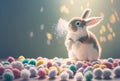 Fluffy cute rabbit on pastel blurred background. Easter holiday concept.