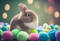 Fluffy cute rabbit on pastel blurred background. Easter holiday concept.