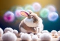 Fluffy cute rabbit on pastel blurred background. Easter holiday concept.