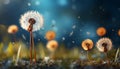 Fluffy dandelion seed blowing in the wind, nature delicate beauty generated by AI Royalty Free Stock Photo