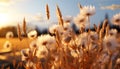 Fluffy dandelion seed floats in tranquil meadow at sunset generated by AI