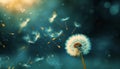 Fluffy dandelion seed flying, nature beauty in abstract motion generated Royalty Free Stock Photo