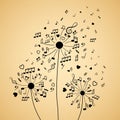 Fluffy dandelions in the form of notes, musical signs and treble clefs. love for music Royalty Free Stock Photo