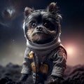 fluffy dog ??affenpinscher in a space suit on the background of space