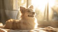 Fluffy dog basking in the warm sunlight by the window, smiling contentedly