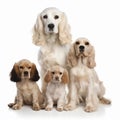 Fluffy dog breed Cocker Spaniel with puppies isolated on white background close-up,