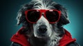 Fluffy dog wears red glasses and jacket, pet portrait on blue front view Royalty Free Stock Photo