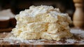 Fluffy dough stack, kitchen counter, baking process, flour Royalty Free Stock Photo