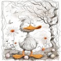 Fluffy Duck Amongst Spring Flowers and Decorated Easter Eggs Illustration Royalty Free Stock Photo