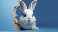 Fluffy Eared Bunny Peeking Out of Blue Wall Hole for Easter Greeting Card.