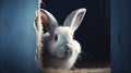 Fluffy Eared Bunny Peeking Out of Blue Wall Hole for Easter Greeting Card.