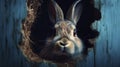 Fluffy Eared Bunny Peeking Out of Blue Wall Hole for Easter Greeting Cards.