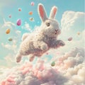 Fluffy Easter Bunny Soaring Through Pastel Clouds Spring sky art fun eggs cute soft pink Royalty Free Stock Photo