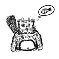 Fluffy fat cat dreams of fish. A primitive sketch. Royalty Free Stock Photo