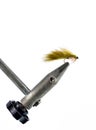 Fluffy fly fishing hook on white background Royalty Free Stock Photo