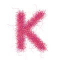 Fluffy font. Pink shaggy letter K. Hight quality hairy glyph. Capital letter. Fine detailed design element on white background. Fu