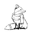 fluffy fox in scarf vector clipart, ink art illustration