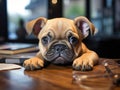 Fluffy Frenchie pup at tiny desk