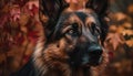 Fluffy German Shepherd puppy sits in autumn forest, guarding nature generated by AI