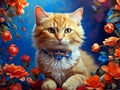 Fluffy ginger cat in a blue bow tie sits among flowers