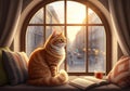 A fluffy ginger cat sits on a window ledge, gazing outside through Royalty Free Stock Photo