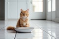 ginger kitten sits on the white floor in a room next to a food dish