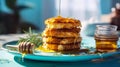 Fluffy Golden Pancakes with Melted Butter and Honey