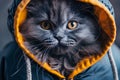 Fluffy gray cat in hooded jacket