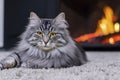 Fluffy Gray Cat Near The Fireplace Royalty Free Stock Photo